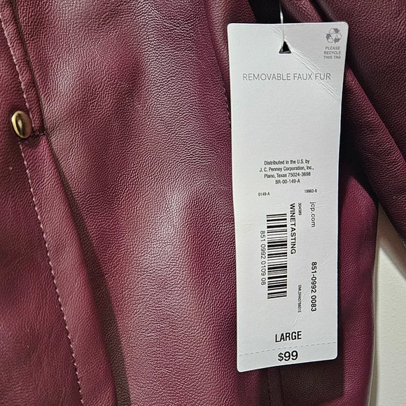NEW Liz Claiborne Removable Faux Fur Collar Zip Coat size L Faux Leather Maroon - Picture 8 of 15